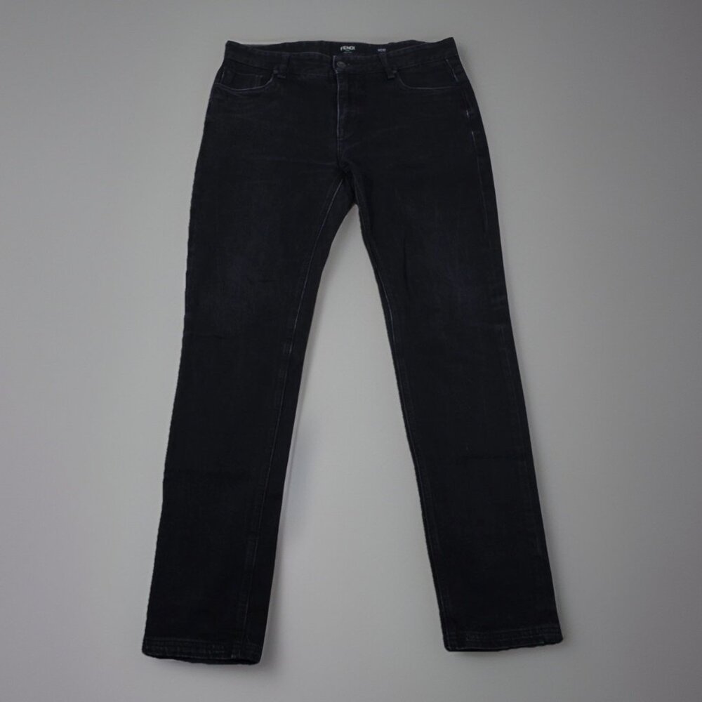 FENDI Monster Logo Mens Jeans Slim Straight Black Authentic Denim Size 32 X 30